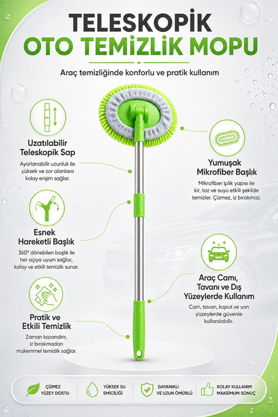 Fine Clean Teleskopik Oto Temizlik Mopu | Mikrofiber Başlıklı, Çizmez Yüzey, Araba Fırçası ( yedeksiz )
