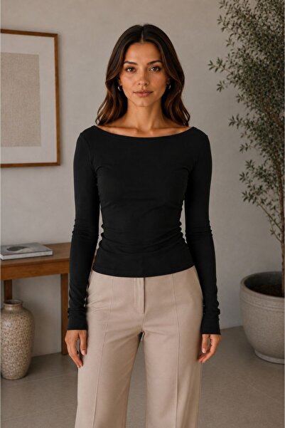 Maison La Femme Women's Black Boat Neck Long Sleeve Basic Blouse