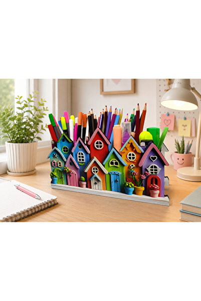 TuraLazerKesim Wooden Colored Houses Desktop Pen Holder Pen Box and Organizer...
