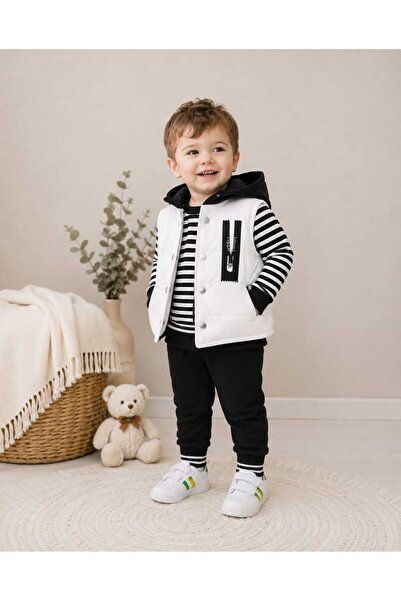 Hippıl Baby Beyaz Yelekli Kapüşonlu Çizgili Sweat Eşofman 3 Lü Takım 2-3-4 Yaş