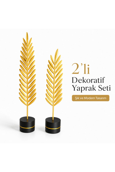 PL DİZAYN 2'li Gold Yaprak Biblo Seti Dekoratif Ev Ofis Salon Dekorasyon Masa...
