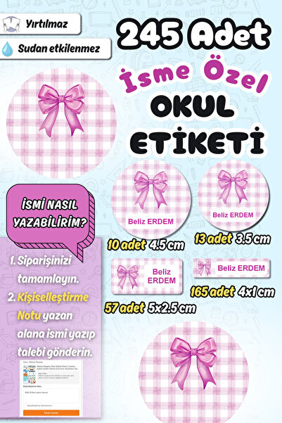 Sticker Ekspres Okul Etiketi Lila Kurdeleli Ekose Kalem Defter Etiketi Özel İ...