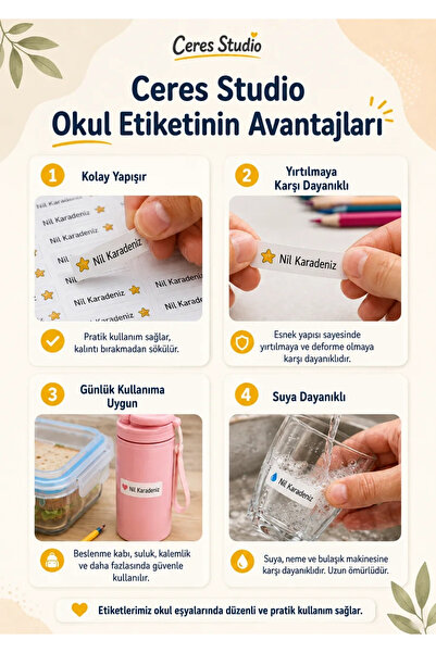 Ceres Studio Okul Etiketi Kalem Defter isimli Etiket Isim Yazılabilen Tropik Temalı - 258 Adet Özel Yeni Tasarım