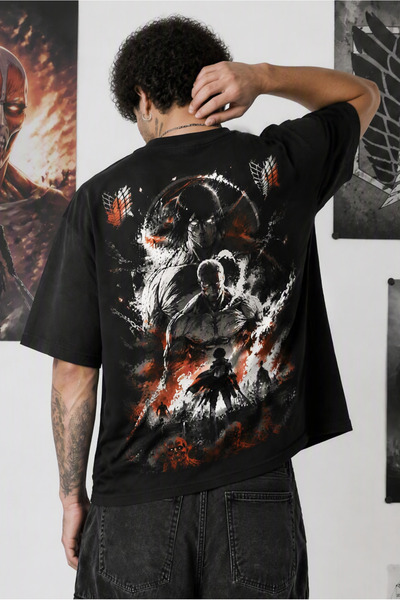 Ninkasiwear Attack On Titan Eren Anime Unisex Oversize Tişört - Özel Yaka Bas...