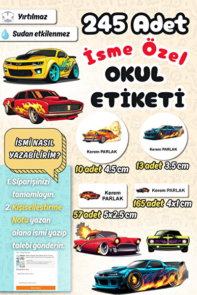 Sticker Ekspres Okul Etiketi Yarış Arabaları Kalem Defter Etiketi Özel İsim Y...