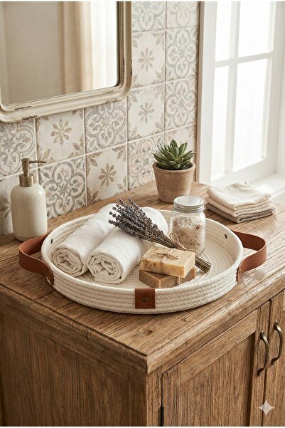 Homever 35cm Büyük Ekru Hasır Sepet Tepsi - Dekoratif, ve Çok Amaçlı Banyo, M...