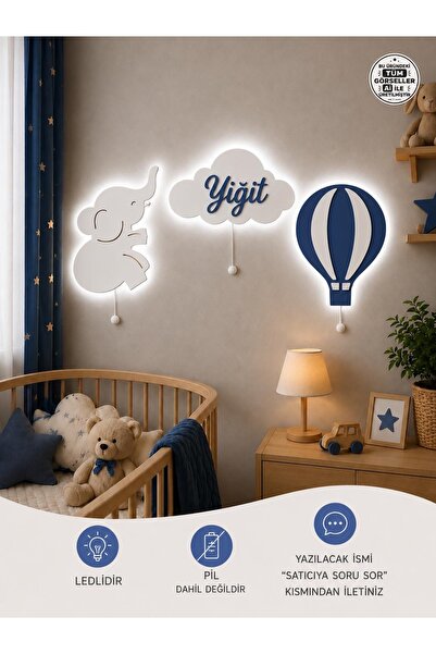 Windly Concept Fil Balon İsimli Bulut Ahşap LED'li Çocuk Odası Dekorasyonu - ...