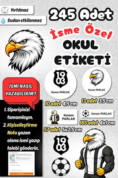 Sticker Ekspres Okul Etiketi Siyah Beyaz Futbol Kalem Defter Etiketi Özel İsi...