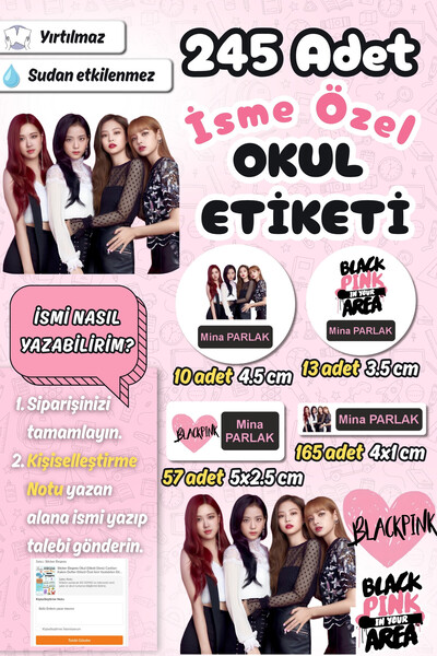 Sticker Ekspres Okul Etiketi Black Pink Kalem Defter Etiketi Özel İsim Yazıla...