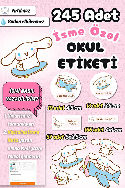 Sticker Ekspres Okul Etiketi Cinnamoroll Temalı Kalem Defter Etiketi Özel İsi...