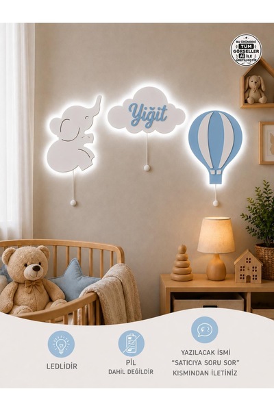 Windly Concept Fil Balon İsimli Bulut Ahşap LED'li Çocuk Odası Dekorasyonu - ...
