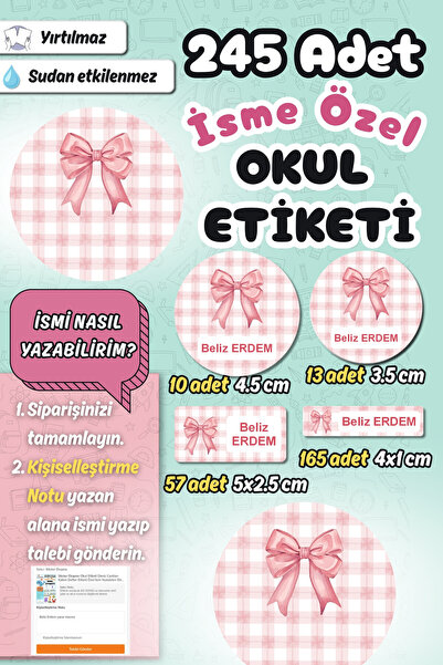 Sticker Ekspres Okul Etiketi Kurdeleli Ekose Kalem Defter Etiketi Özel İsim Y...