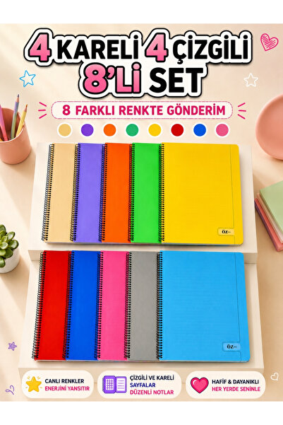 ÖZ OFİS A4 72 Yaprak 4 Kareli + 4 Çizgili Spiralli Defter Seti Plastik Kapak ...