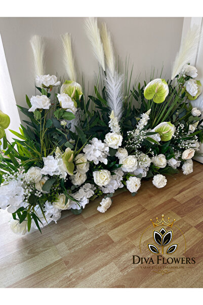 DİVA FLOWER EVENT Beyaz Yeşil Yapay Çiçek Aranjman – 1 Metre (Tek Taraflı Tas...