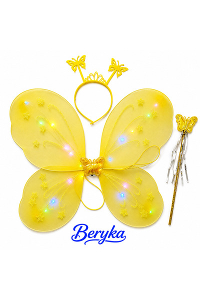 Beryka Sarı LED Işıklı Kelebek Kanat Seti - Taç ve Değnekli - 2-10 Yaş Kız Ço...