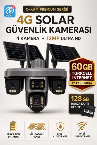 O-KAM OK335 Premium Serisi 12MP 4 Kameralı 4G Çift Solar Panel Gece Görüş 1 Y...