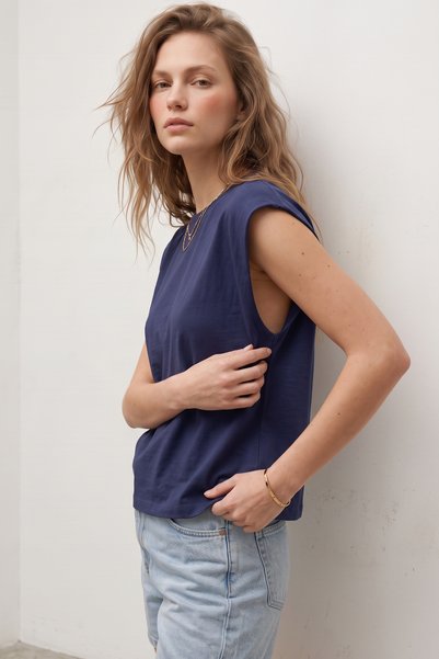 Elemge 100% Cotton Single Jersey T-Shirt Women's Oversize Indigo T-Shirt Wide Shoulder Draped Sleeveless Loose Fit Compact Combed Cotton