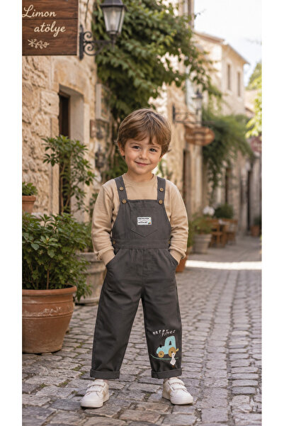 NOTA KİDS Boy's Tractor Embroidered Gabardine Salopet Set – Sweatshirt and Su...