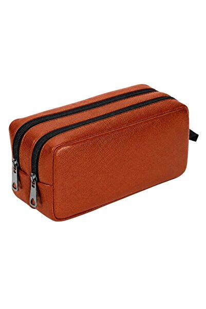 Gözde Proje Artificial Leather Double Compartment Pencil Case Tan – Double Co...