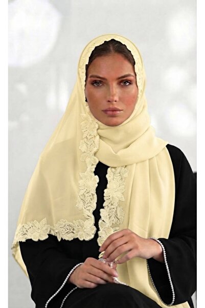 Veil Designer طرحه بوال اصفر نطريز الورد علي ثلاث اطراف من الطرحه تطريز يدوي ...