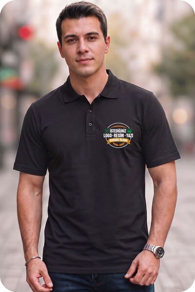 Kişiye Özel Baskılı Polo Yaka Siyah Tişört Unisex – İsim Logo Yazı Resim Baskılı Tişört