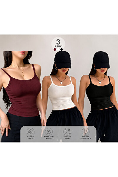 LEMAR MODA Kadın Beyaz Siyah Ip Askılı Kaşkorse Atlet 3LÜ Kadın Atlet Kaşkors...