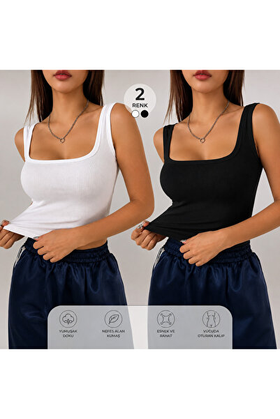 LEMAR MODA Kadın Siyah 2li Kaşkorse Kare Yaka Kalın Askılı Atlet Fitilli Atle...