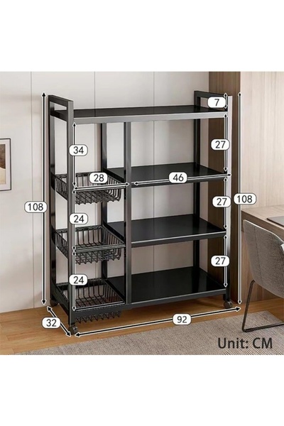 Generic 4-Tier Kitchen Storage Rack Heavy Duty Organizer Metal Rolling Cart with 3 Breathable Mesh Baskets & 4 Shelves Space Saving Utility Trolley for Kitchen, Pantry, Balcony (80x32x100cm) - Black