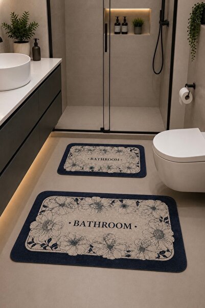 ÇELEBİ HOME TEKSTİL Çiçekli Bathroom Desenli Makinede Yıkanabilir Kaymaz Taba...