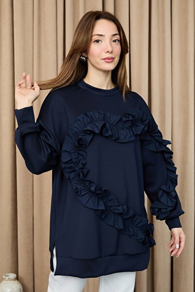Loreen Kadın Kalp Şeklinde Fırfırlı Oversize Tunik - 20715TUN - Lacivert-Laci...