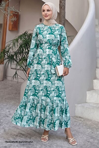 InStyle Palmiye Desen Mint Yeşili Viskon Elbise