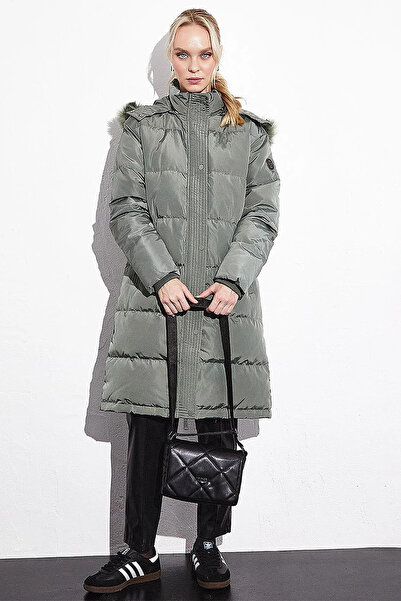 Kayra Quilted Stand Collar Hooded Fur Coat Mold Green
