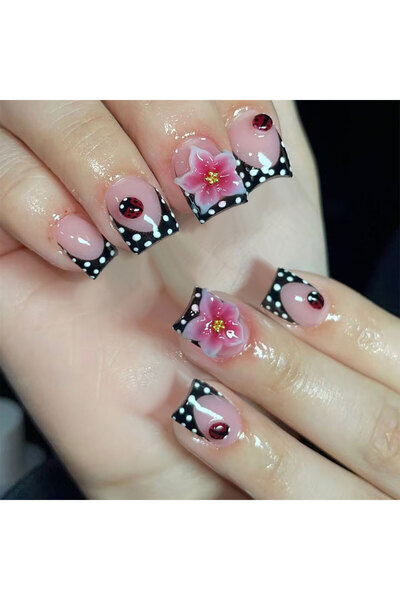 Choice3 5141 24Pcs/Set Short Oval 3D Gel Flower Ladybug Polka Point Design Fr...