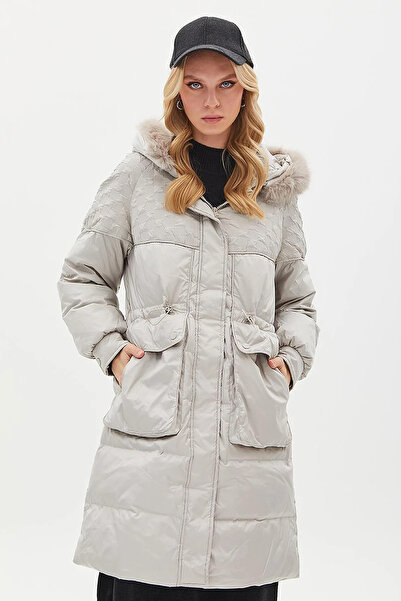 Kayra Faux Fur Fabric Garnished Goose Down Coat Light Gray