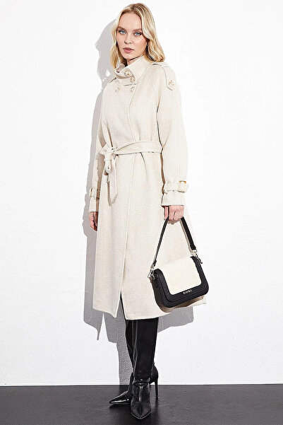 Kayra Premium High Collar Double Breasted Belted Cashmere Coat Cream