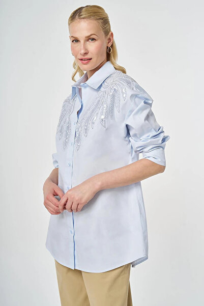 Kayra 100% Cotton Sequin and Pearl Embroidered Tunic Blue