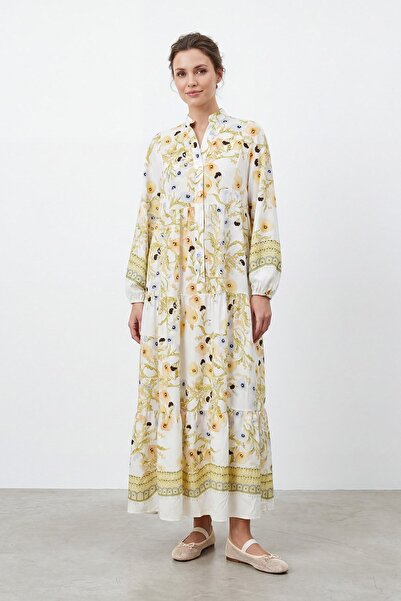 Soul Çiçek Desenli Bohem Maxi Elbise -32531ELB - Zeytin Yeşili