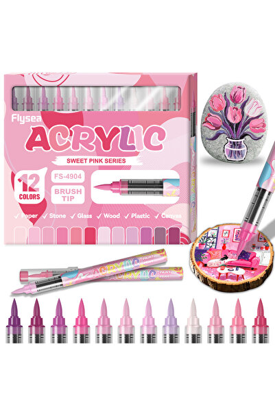 Choice1 Pink 12 Colors Acrylic Marker Set Permanent Markers with Brush Tip Ac...