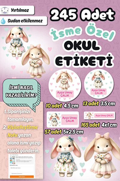 Sticker Ekspres Okul Etiketi Sevimli Tavşanlar Kalem Defter Etiketi Özel İsim...