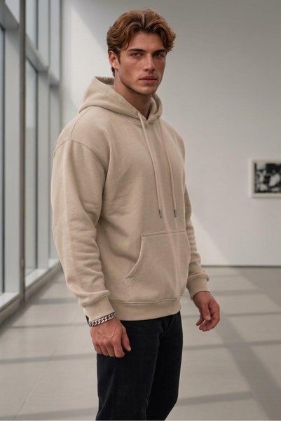 stg spor toptan giyim Men's Beige Hooded Cotton Sweatshirt