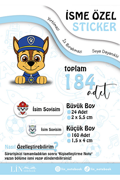 lin notebook İsme Özel Kalem Defter Okul Etiketi, Sudan Etkilenmez, Paw Patro...