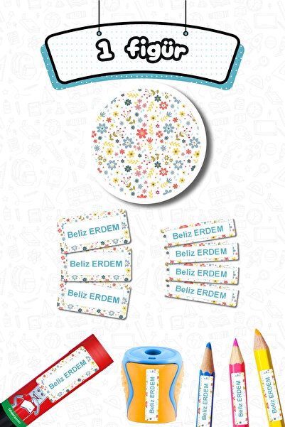 Sticker Ekspres Okul Etiketi Çiçek Desenli Kalem Defter Etiketi Özel İsim Yazılabilen Etiket 245 Adet İsim Etiketi