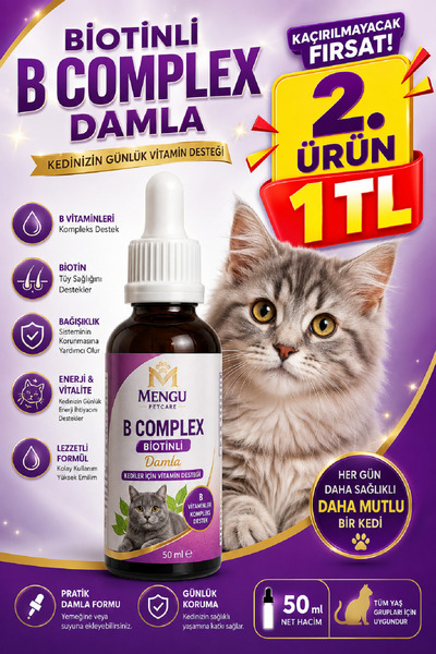 mengu petcare Kediler İçin Biotinli B Complex Damla 50 ml Tüy Dökülmesini Des...
