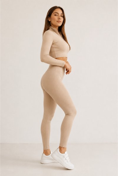 EDAMODA Beige High Waist Ribbed Tightening Leggings with Fleece Inside Beige