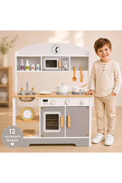 indiggo Ξύλινη παιδική κουζίνα Λευκή/Γκρι 85 cm με εστία, φούρνο, νεροχύτη κα...