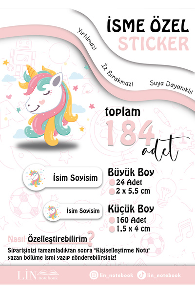 lin notebook İsme Özel Kalem Defter Okul Etiketi, Sudan Etkilenmez, Unicorn T...