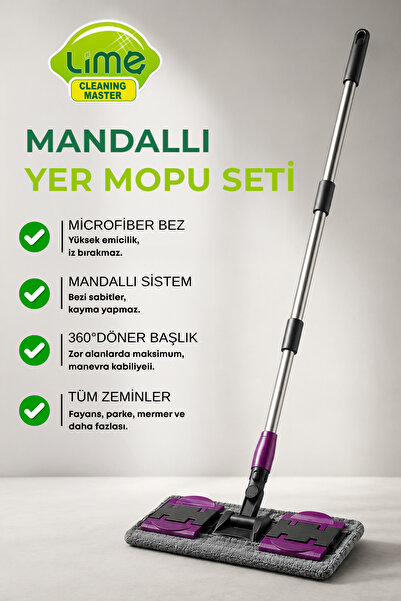 Lime Mandallı Mikrofiber Yer Mopu Seti 360° Döner Başlıklı Paslanmaz Çelik Sa...