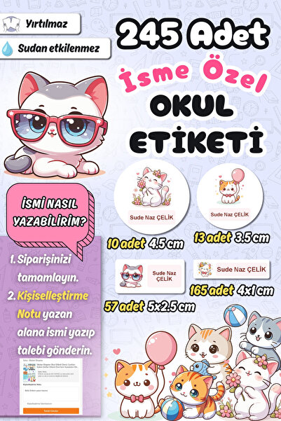 Sticker Ekspres Okul Etiketi Şirin Kediler Kalem Defter Etiketi Özel İsim Yaz...