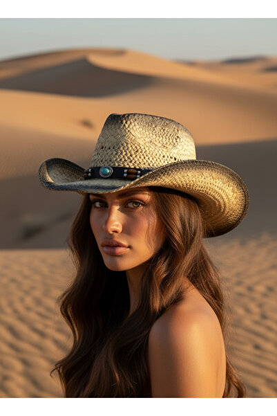 Gigi Luxe Kadın Gölgeli Premium Eskitme Dokulu Western Kovboy Şapkası Boncukl...