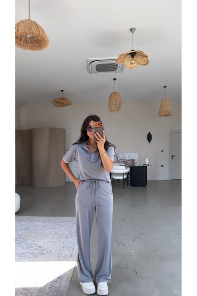 Buket Teke Costum gri cu guler tip piping